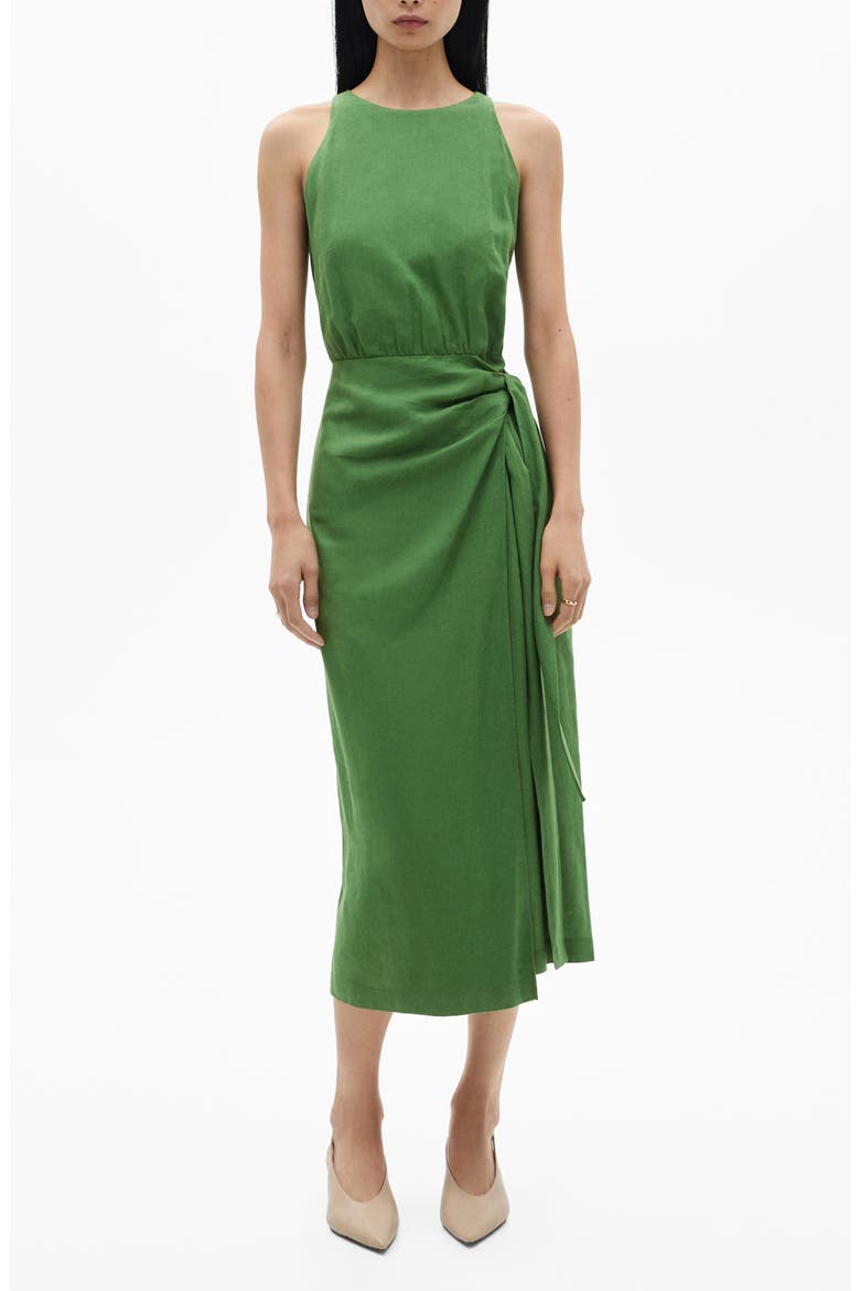 Bow Waist Linen Blend Midi Dress, Main, color, GREEN
