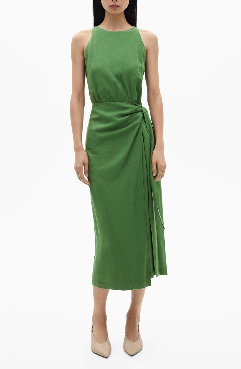 MANGO Bow Waist Linen Blend Midi Dress, Main, color,