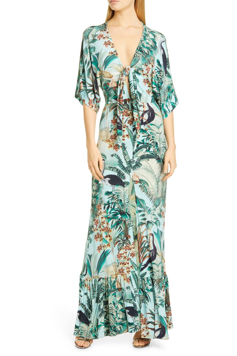 PatBO Eden Tie Front Jersey Gown, Main, color, VERDE