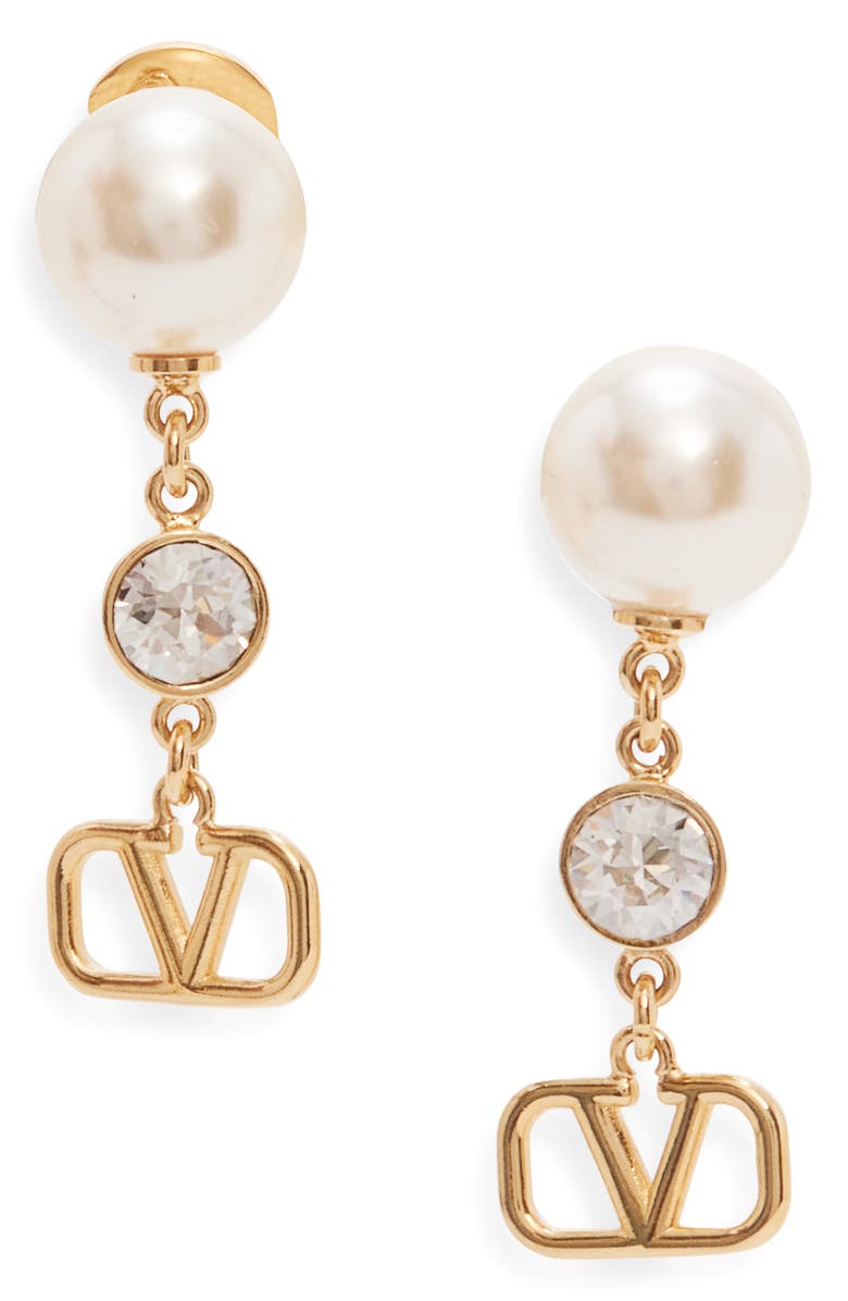Valentino Garavani VLOGO Imitation Pearl & Crystal Drop Earrings, Main, color, 