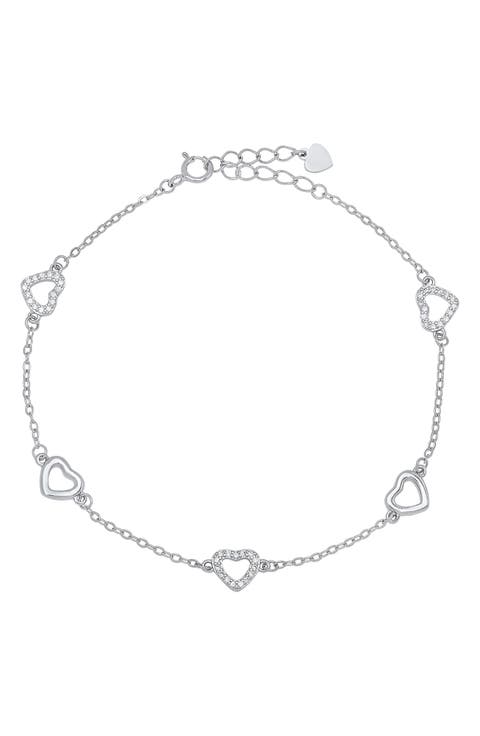 Sterling Silver Cubic Zirconia Heart Station Bracelet