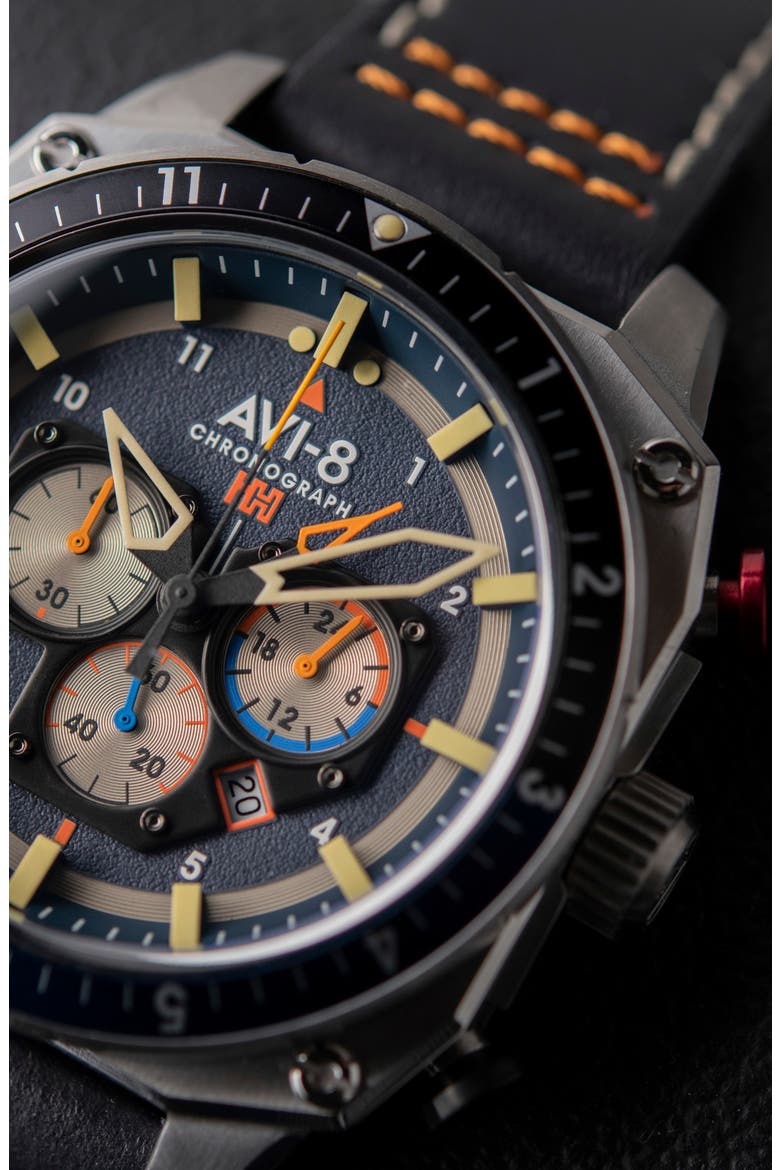 Hawker Hunter Atlas Pavillion Blue Dual Time Chronograph Leather Strap Watch, 43mm, Alternate, color, BLUE
