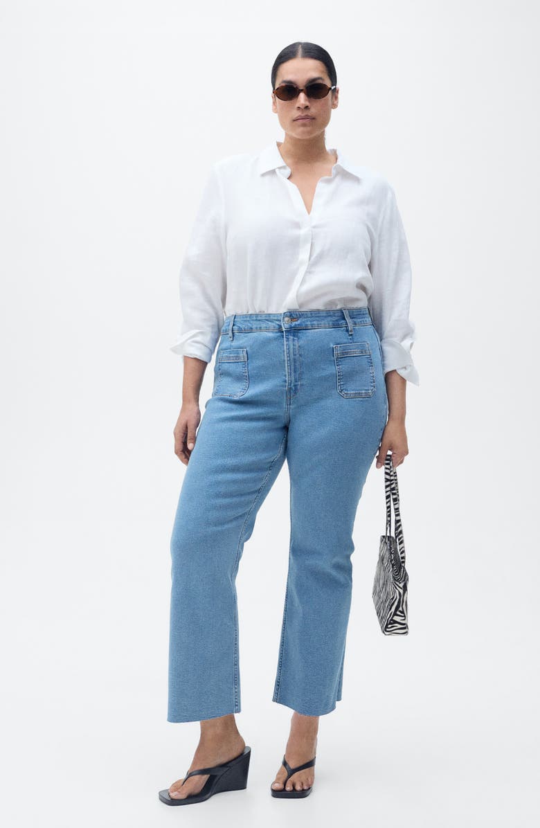 MANGO Alex Raw Hem Patch Pocket Crop Flare Jeans, Alternate, color, Medium Blue