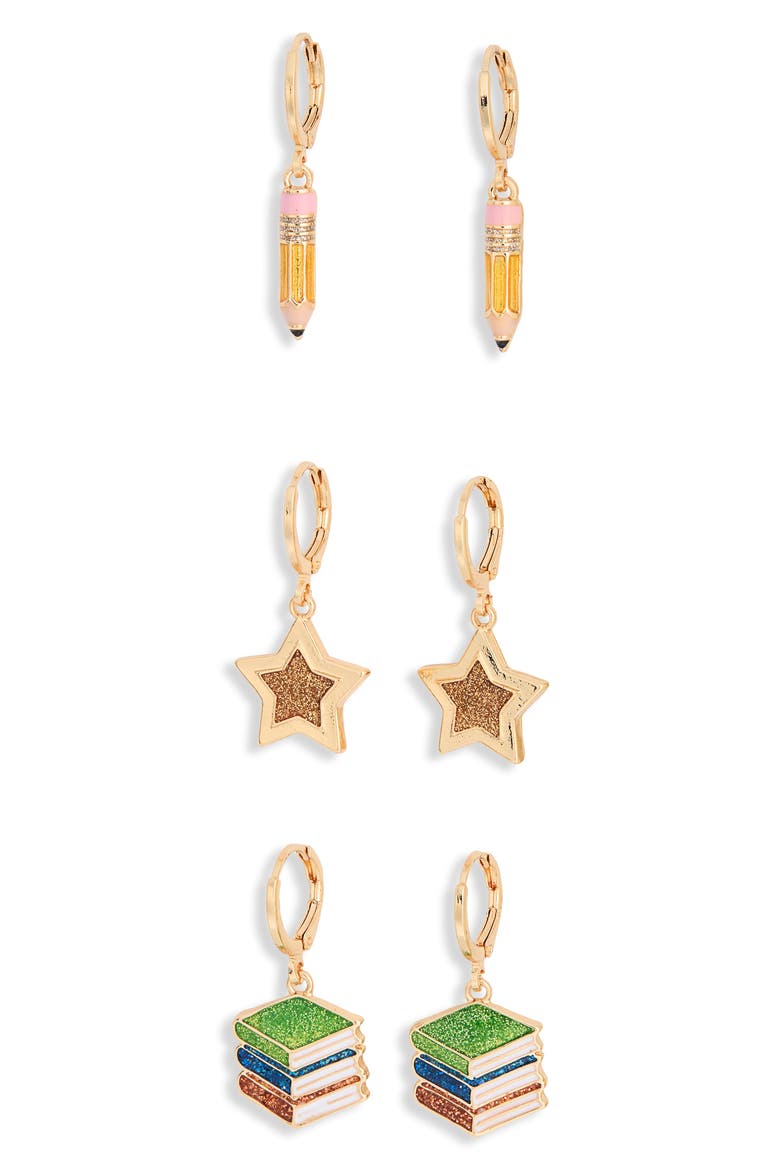 Set of 3 Back to School Huggie Hoop Earrings, Main, color, YELLOW MULTI- GOLD