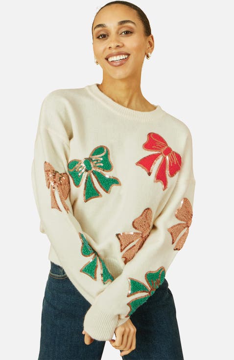 Sequinned Bow Relaxed Fit Jumper