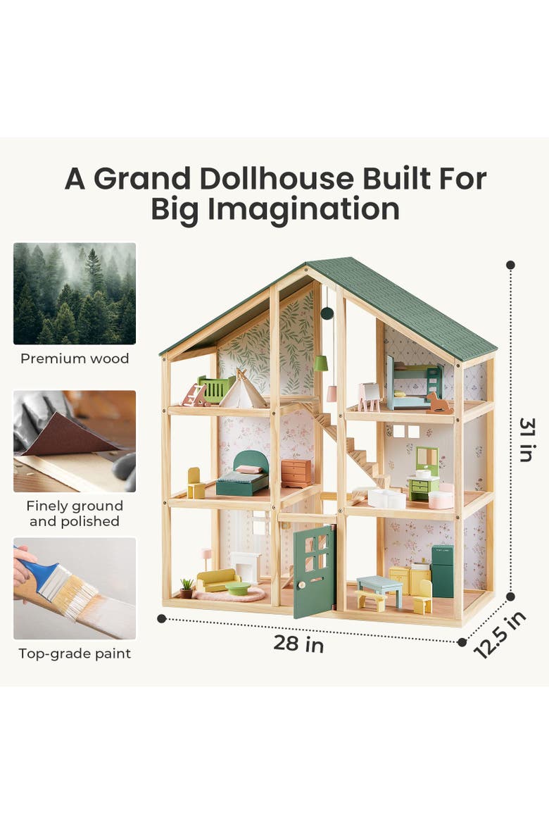 Wooden Dollhouse Set with 6 Rooms and 31 Piece Furniture for Kids, Alternate, color, Multicolor