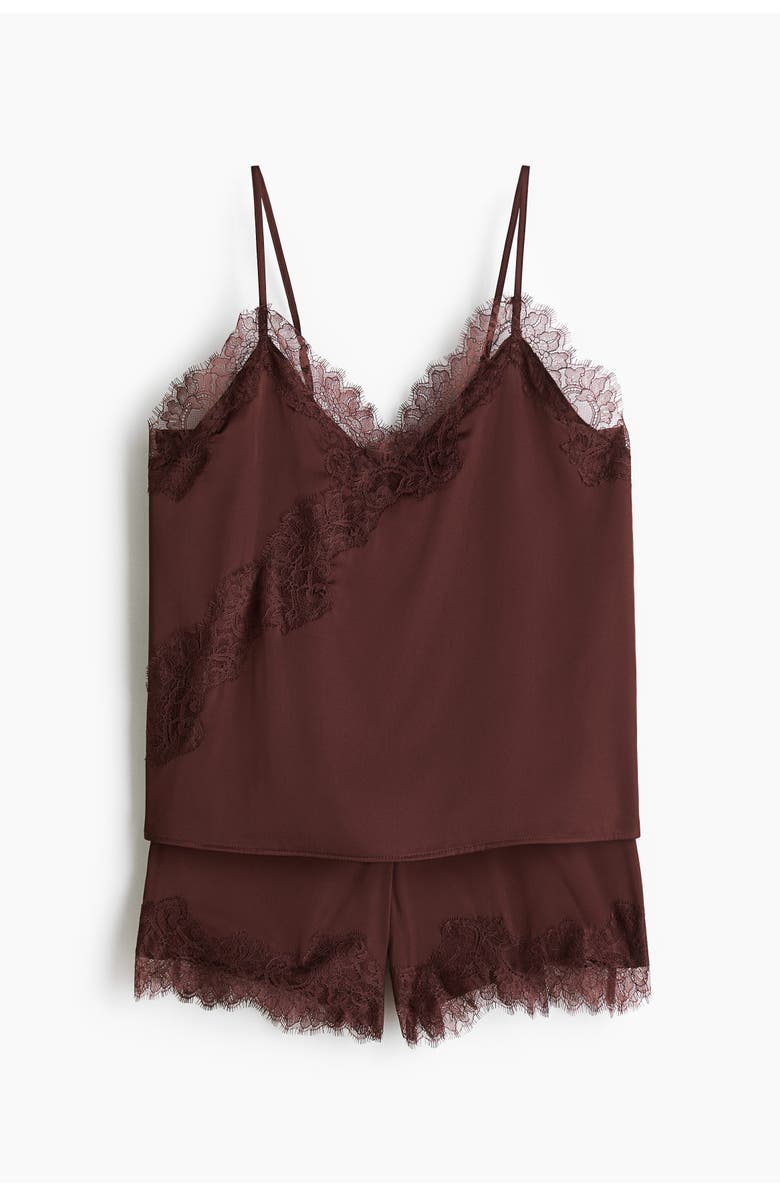 H&M Lace-trimmed Satin Pyjamas, Main, color, Dark Brown
