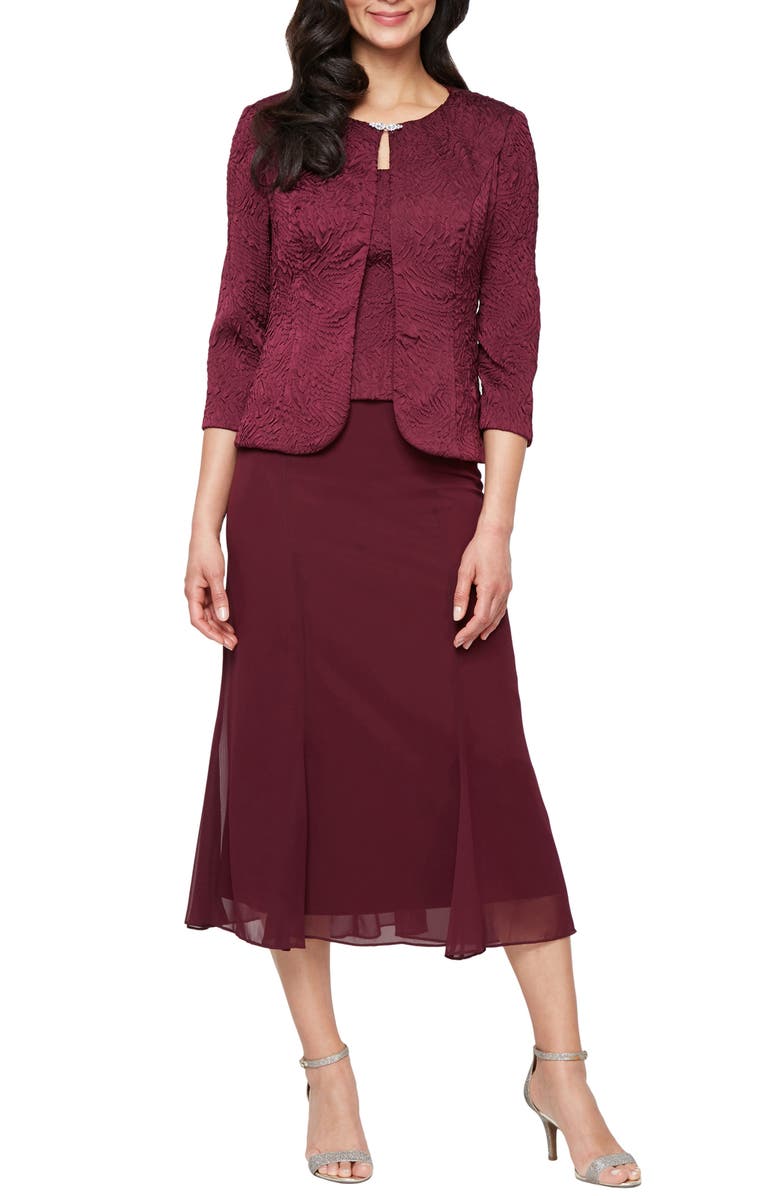 Alex Evenings Jacquard Cocktail Dress with Jacket, Main, color, Wine