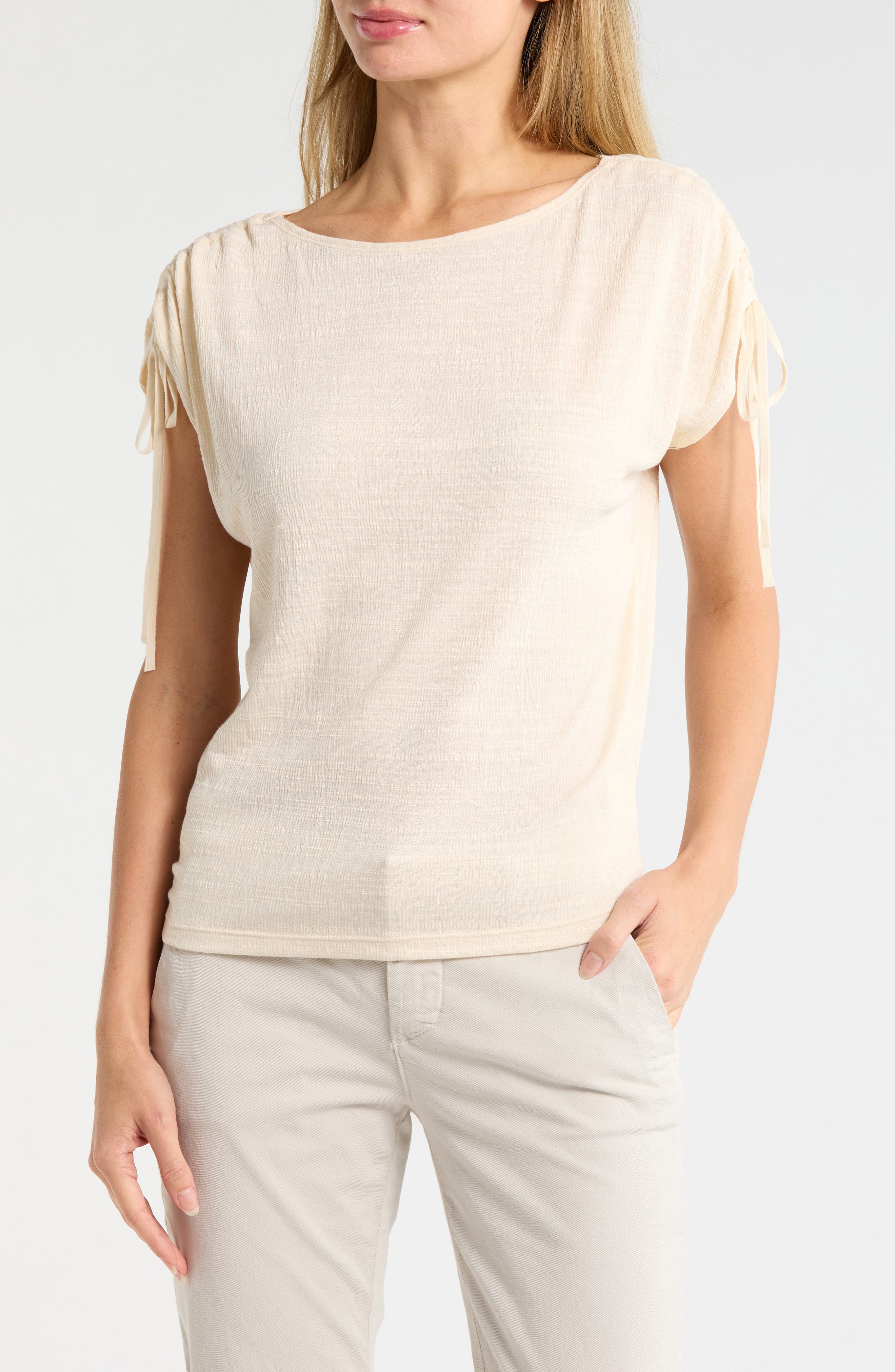 Ruched Shoulder Textured Knit Top