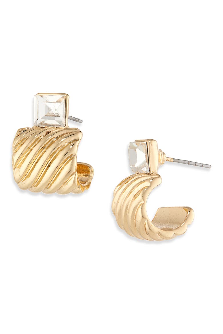 Square Crystal J Hoop Earrings, Main, color, CLEAR- GOLD