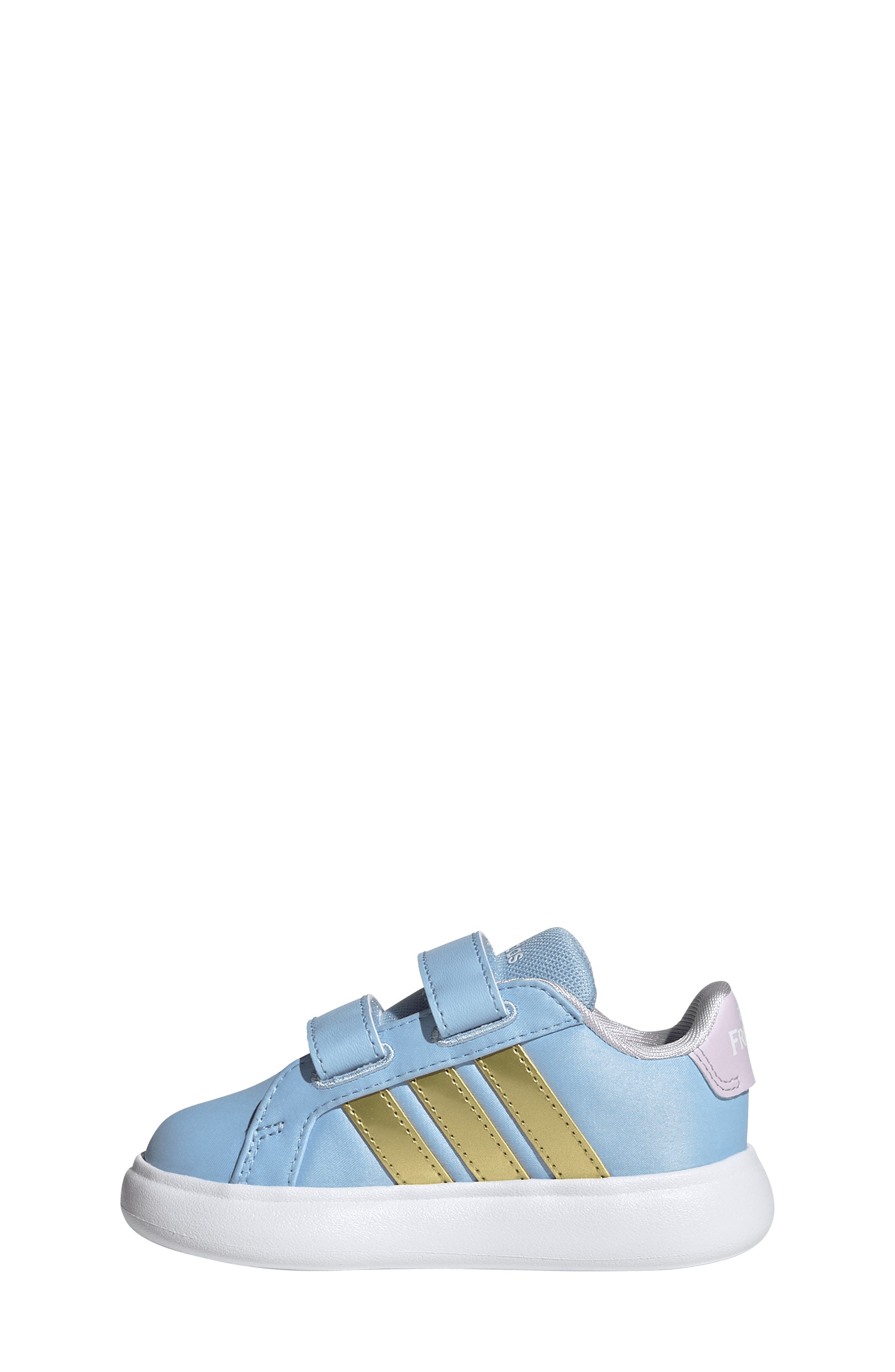 adidas x Disney<sup>®</sup> Kids' Grand Court Anna Sneaker, Alternate, color, Glow Blue/ Gold / Lavender