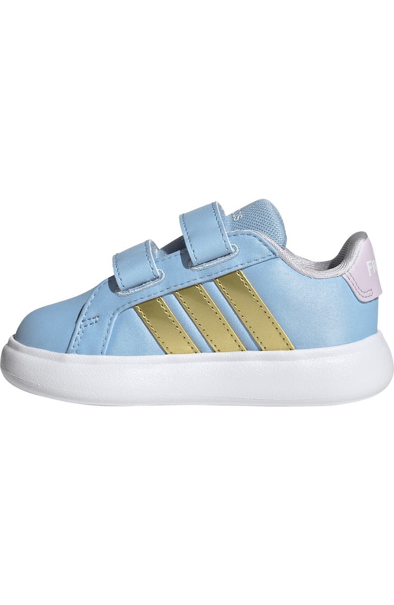 adidas x Disney<sup>®</sup> Kids' Grand Court Anna Sneaker, Alternate, color, Glow Blue/ Gold / Lavender