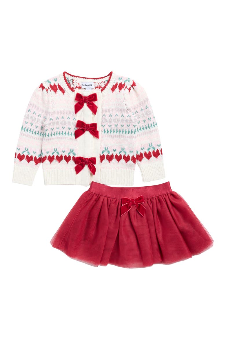 Cherry Heart Fair Isle Cardigan & Tulle Skort Set, Main, color, CHRY HRT F ISLE