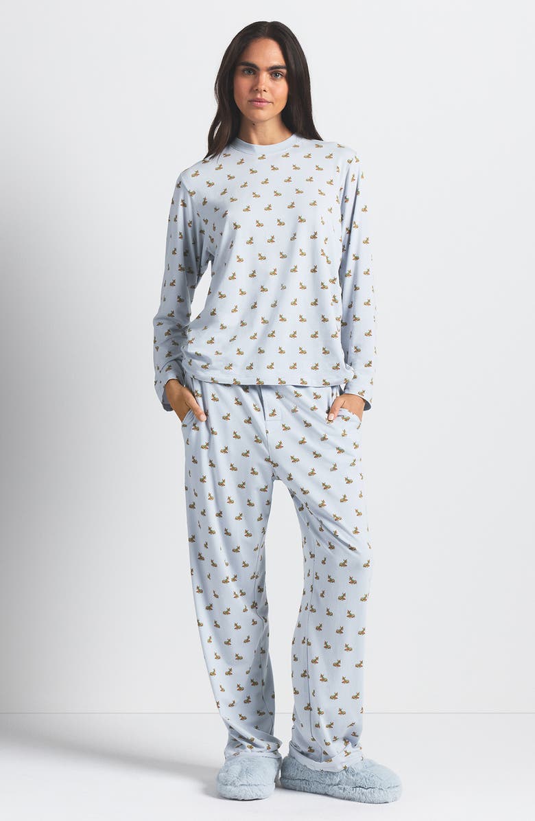 SKIMS Boyfriend Long Sleeve T-Shirt & Loose Pants Pajamas, Alternate, color, Zen Blue Baby Deer Print