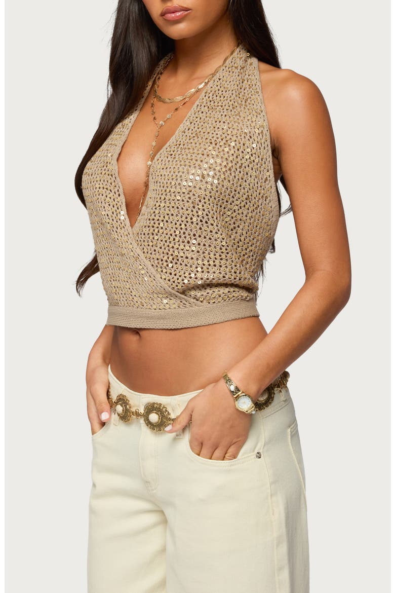 Sequin Crochet Halter Top, Alternate, color, GOLD