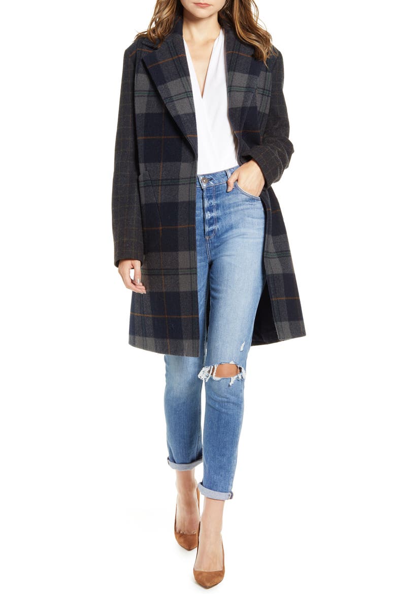 Plaid Brushed Wool Coat, Main, color, NAVY PLAID