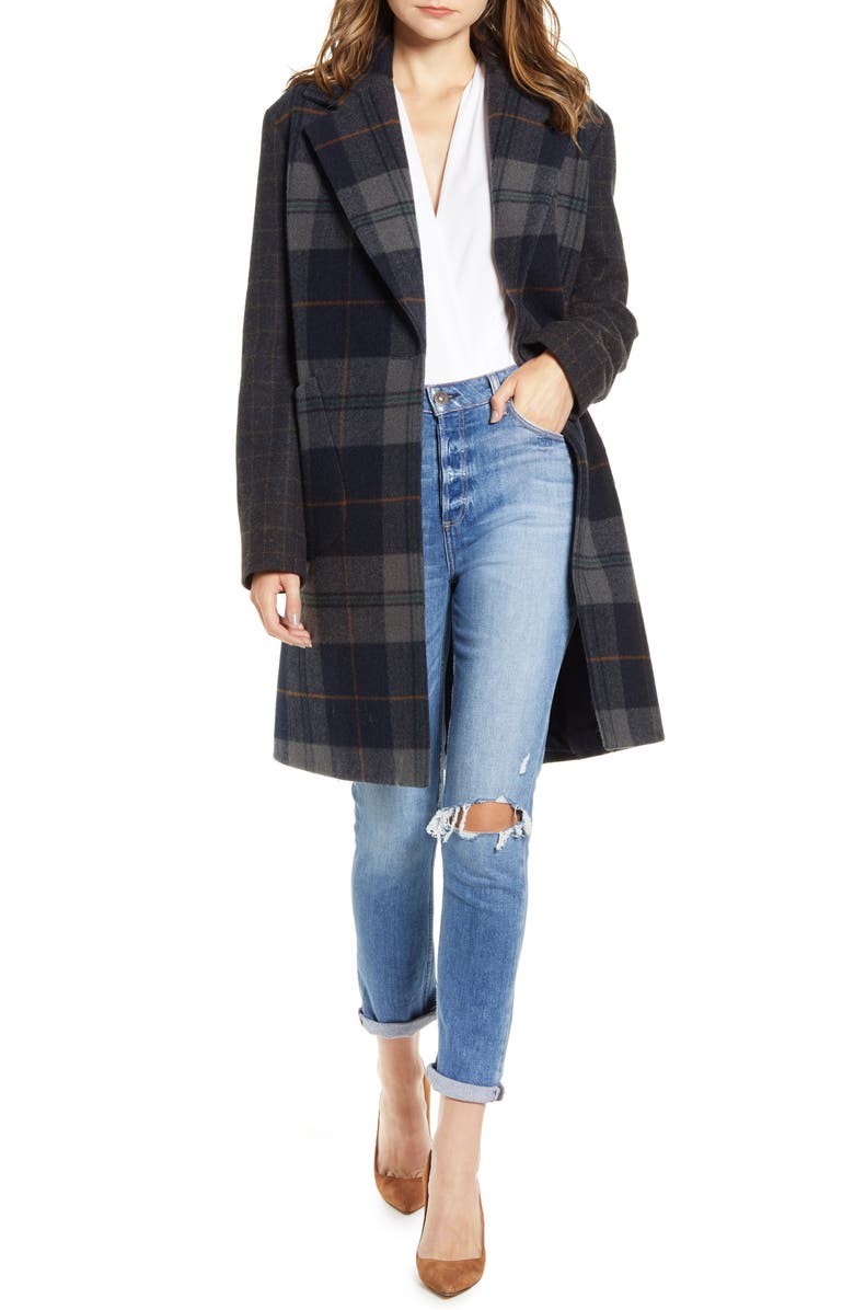 KENDALL + KYLIE Plaid Brushed Wool Coat, Main, color,