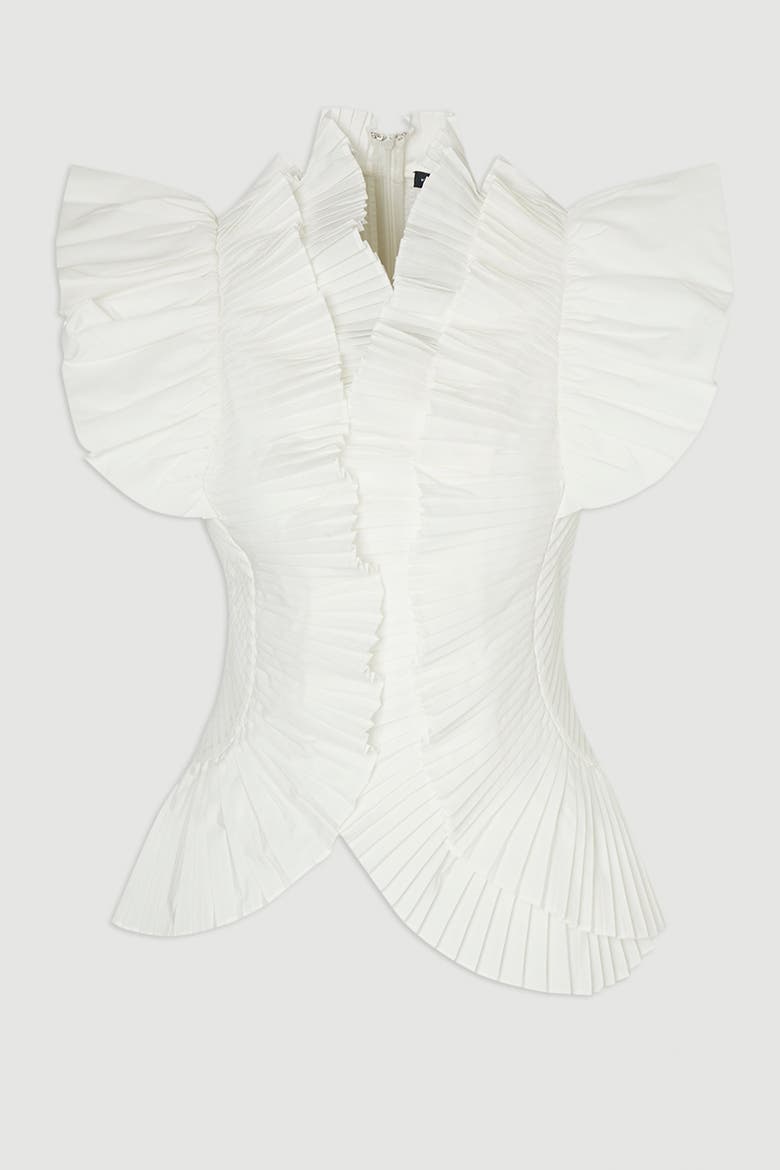 Pleated Ruffle Sleeve Woven Top, Alternate, color, Ivory