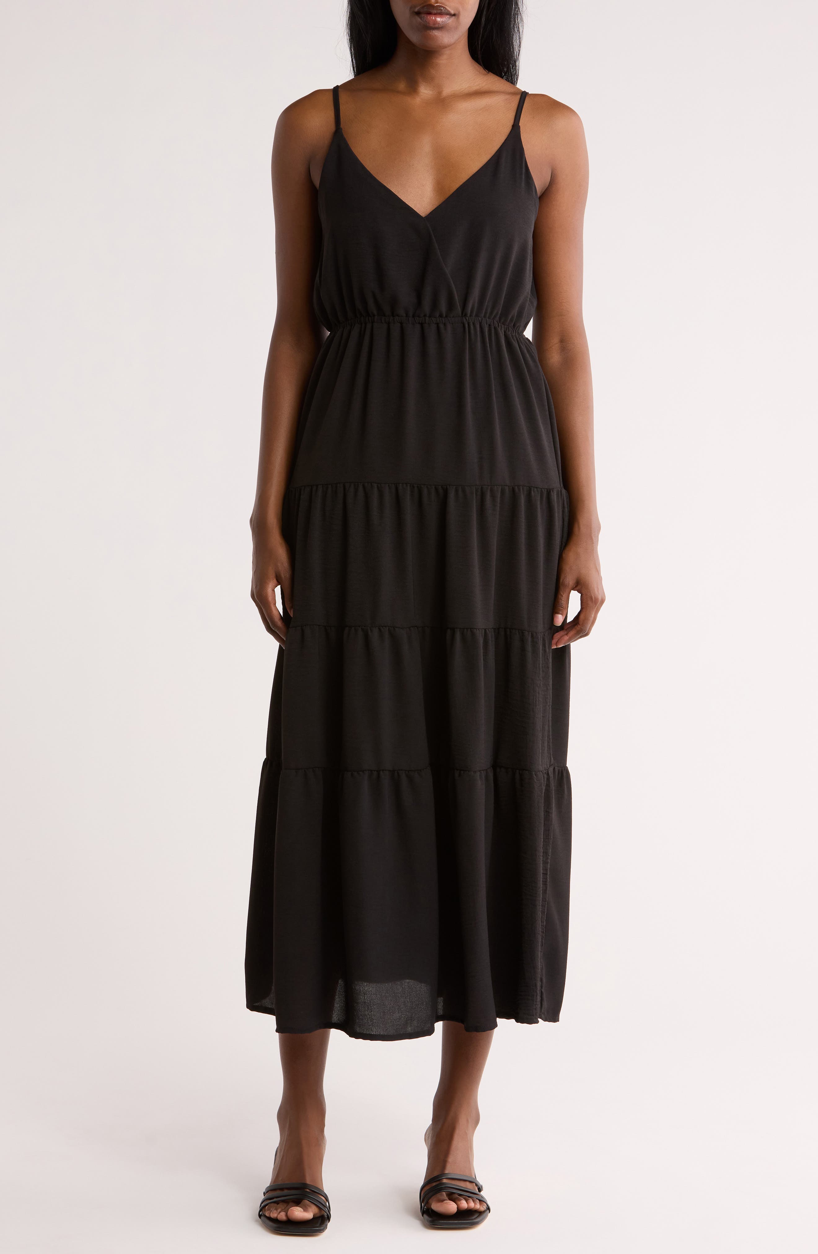 Loveappella Surplice V-Neck Tiered Maxi Dress