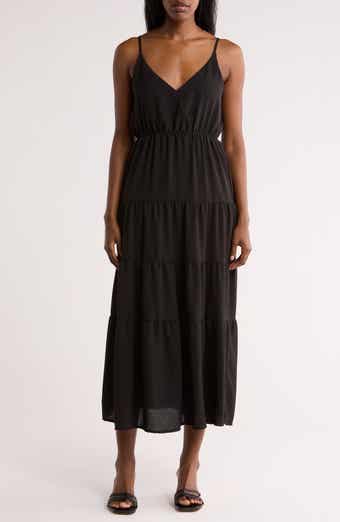 Loveappella Surplice V-Neck Tiered Maxi Dress