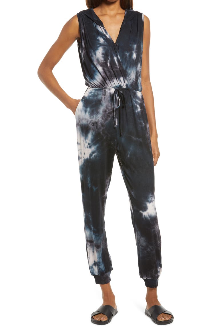 Tie Dye Hooded Jumpsuit, Main, color, BLACK