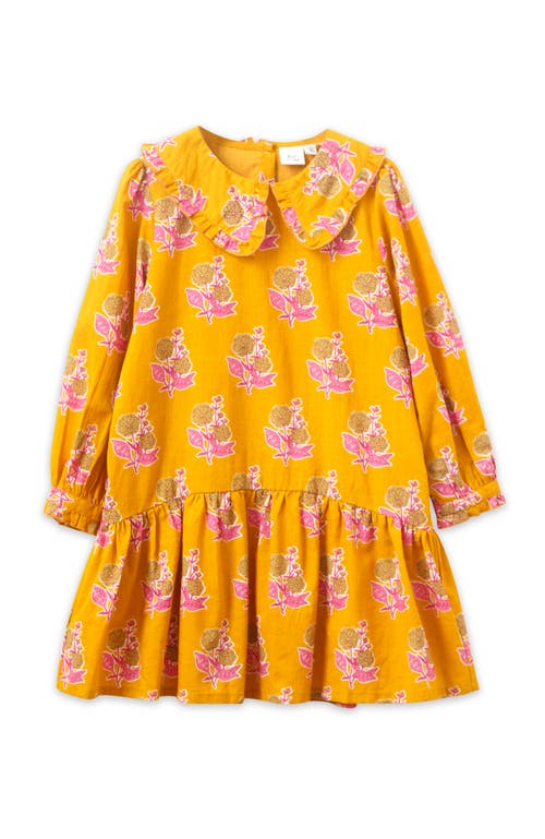 Beet World Girls' Wide Collar Long Sleeve Dress With Low Waist In Mustard And Pink