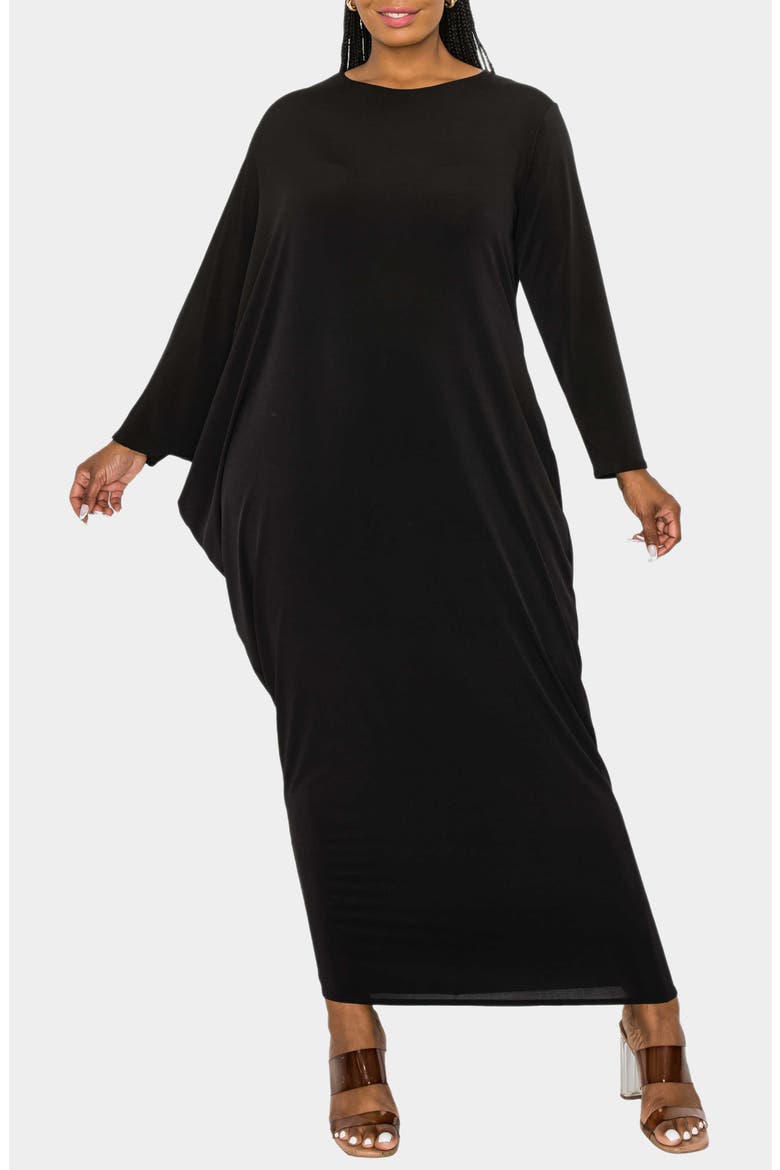 Louella Asymmetrical Long Sleeve Stretch Maxi Dress, Main, color, BLACK