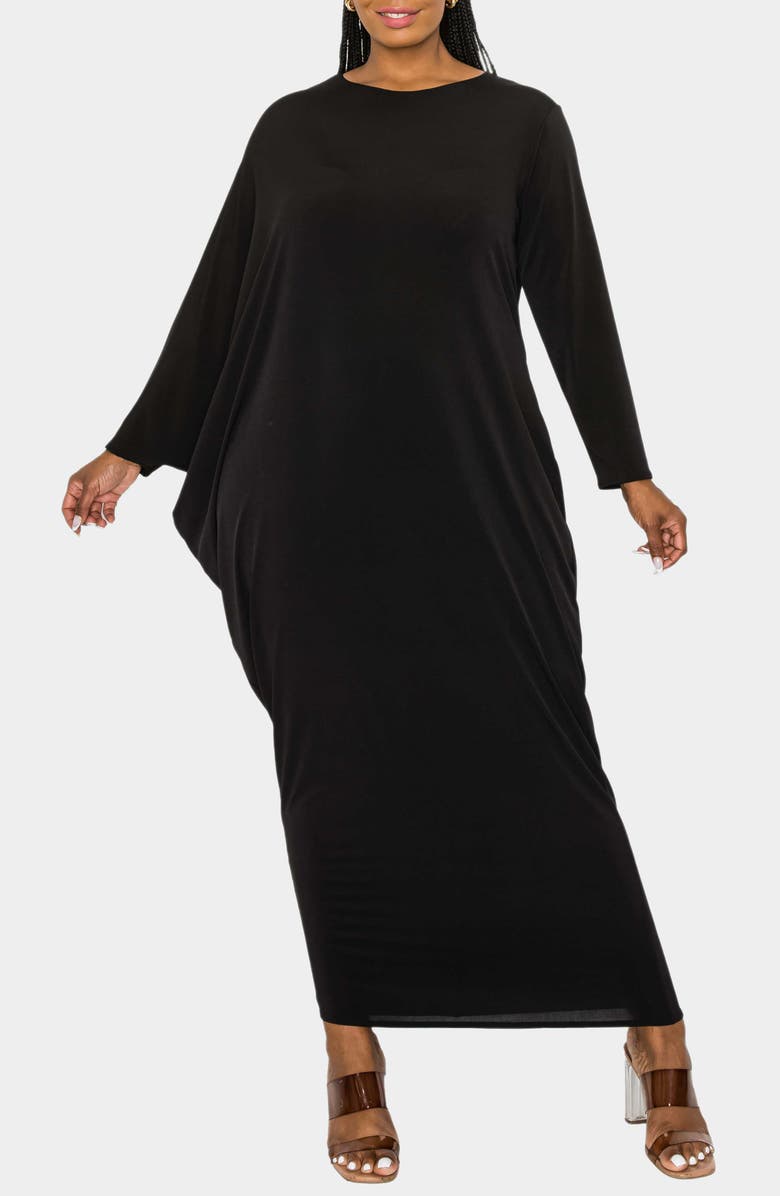 L I V D Louella Asymmetrical Long Sleeve Stretch Maxi Dress, Main, color, Black