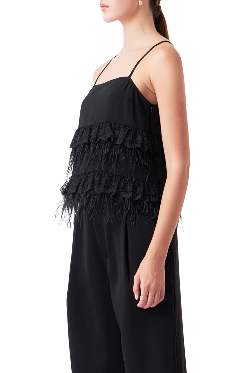 Endless Rose Lace Feather Trim Camisole, Alternate, color, Black