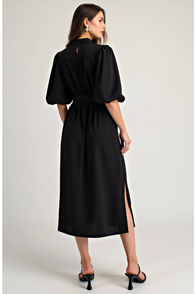 Puff Sleeve Midi Dress with Belt, Alternate, color, Black