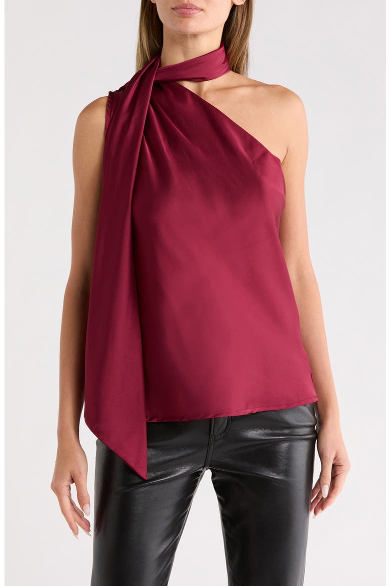 Scarf Detail One-Shoulder Satin Top, Main, color, BURGUNDY