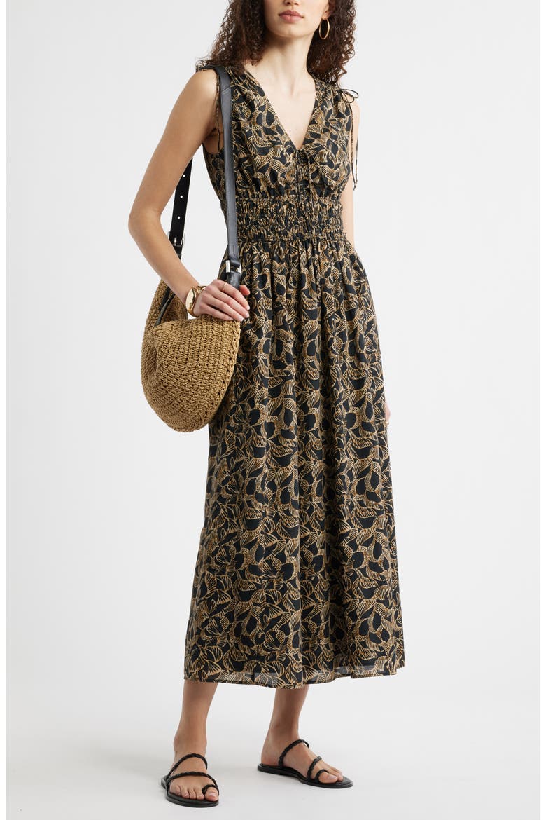 Print Smocked Waist Sleeveless Maxi Dress, Alternate, color, BLACK- TAN LEAF GLOBAL