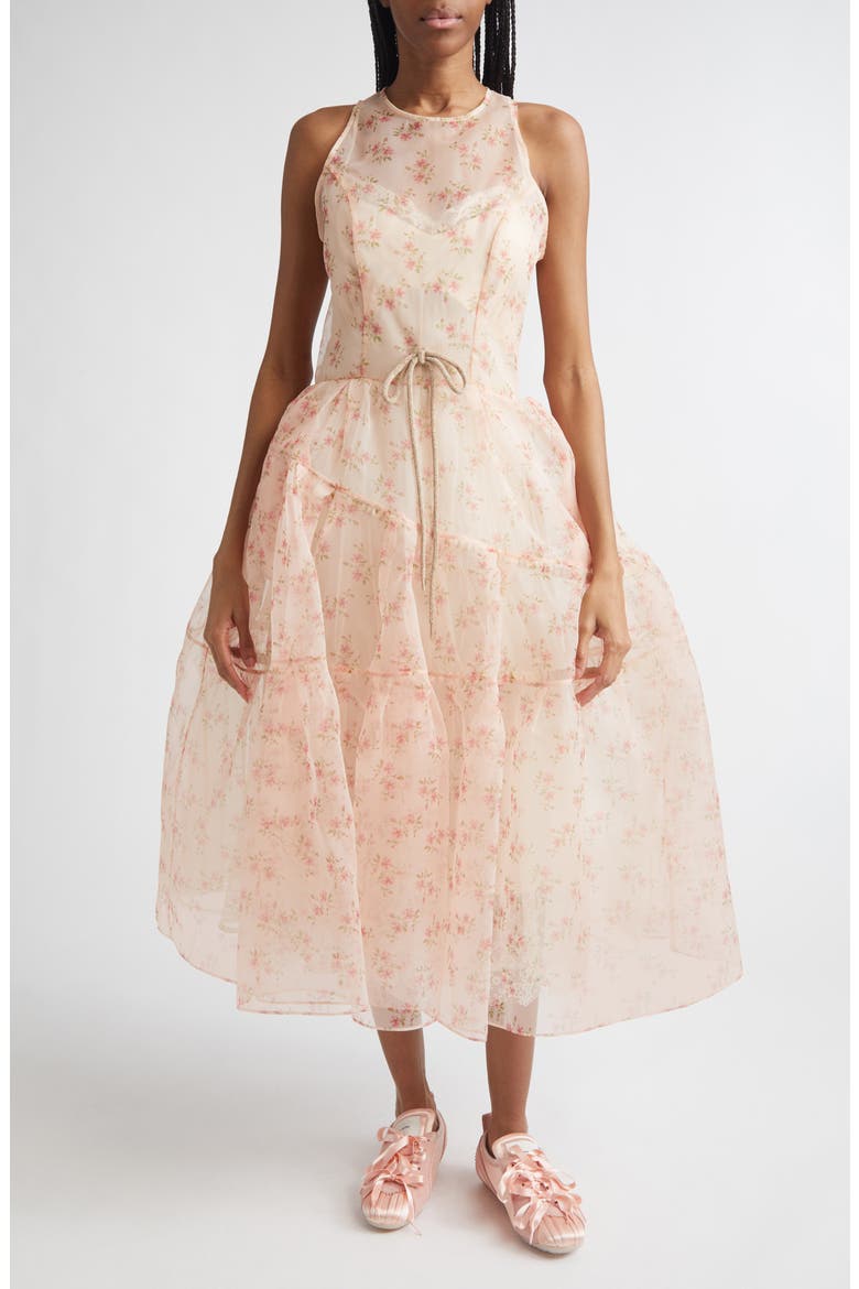 Tapered Back Flounce Floral Sheer Organza Dress, Main, color, BEIGE FLORAL/ TAUPE