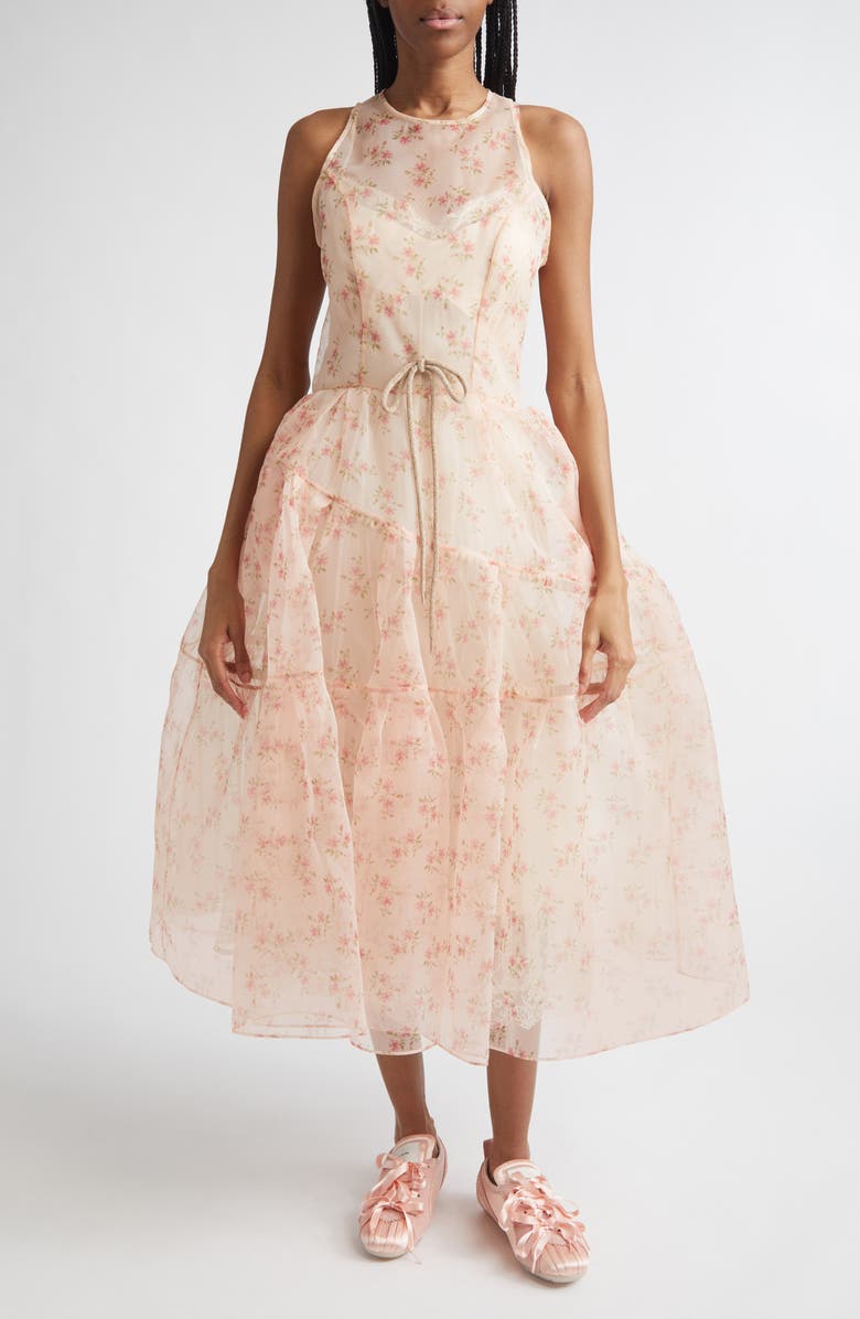 Simone Rocha Tapered Back Flounce Floral Sheer Organza Dress, Main, color, Beige Floral/ Taupe