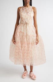 Simone Rocha Tapered Back Flounce Floral Sheer Organza Dress