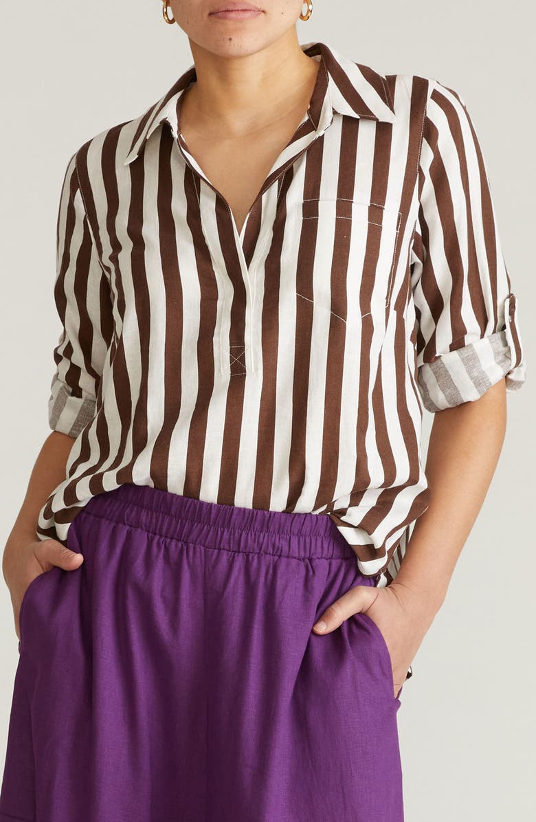 Universal Standard Button Back Linen Blend Polo, Main, color, Peppercorn Stripe