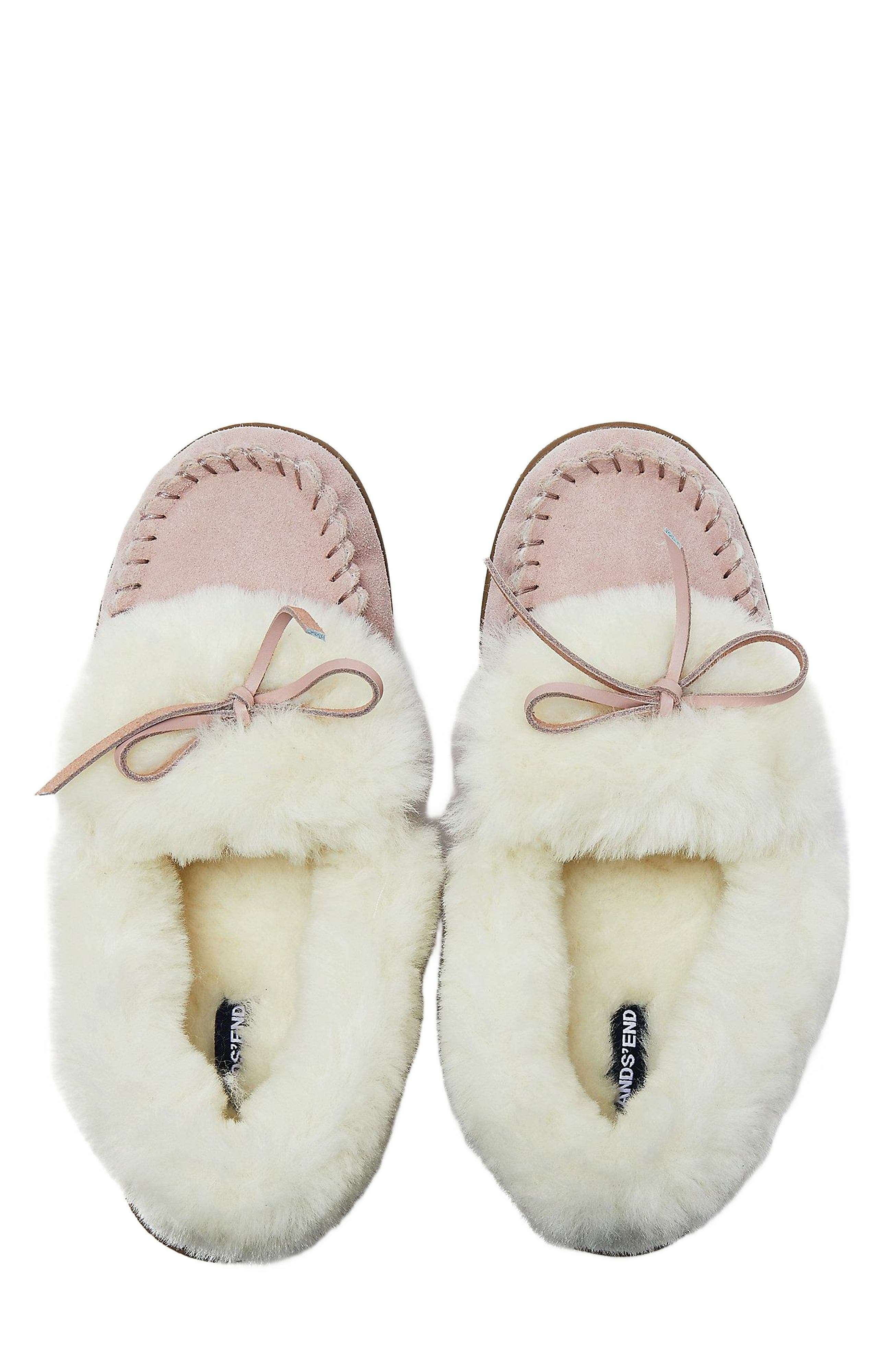 Fluffy Lined Indoor Outdoor Moccasin Slippers, Main, color, Cameo Rose Suede