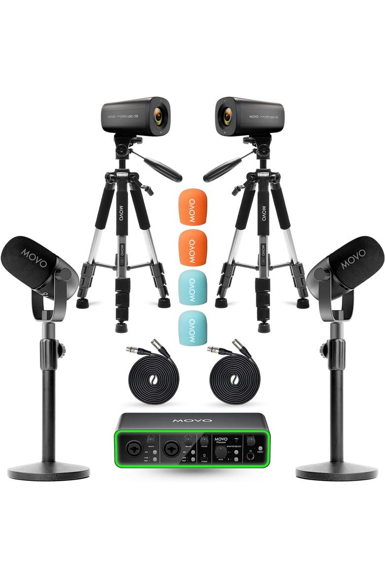 Two Person Video Podcast Equipment Bundle with Two 4K Cameras, USB Audio Interface, 2 XLR Dynamic Microphones, 2 Tripods, and 2 Desk Stands, Main, color, Black
