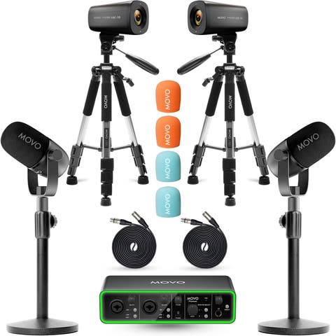 Two Person Video Podcast Equipment Bundle with Two 4K Cameras, USB Audio Interface, 2 XLR Dynamic Microphones, 2 Tripods, and 2 Desk Stands