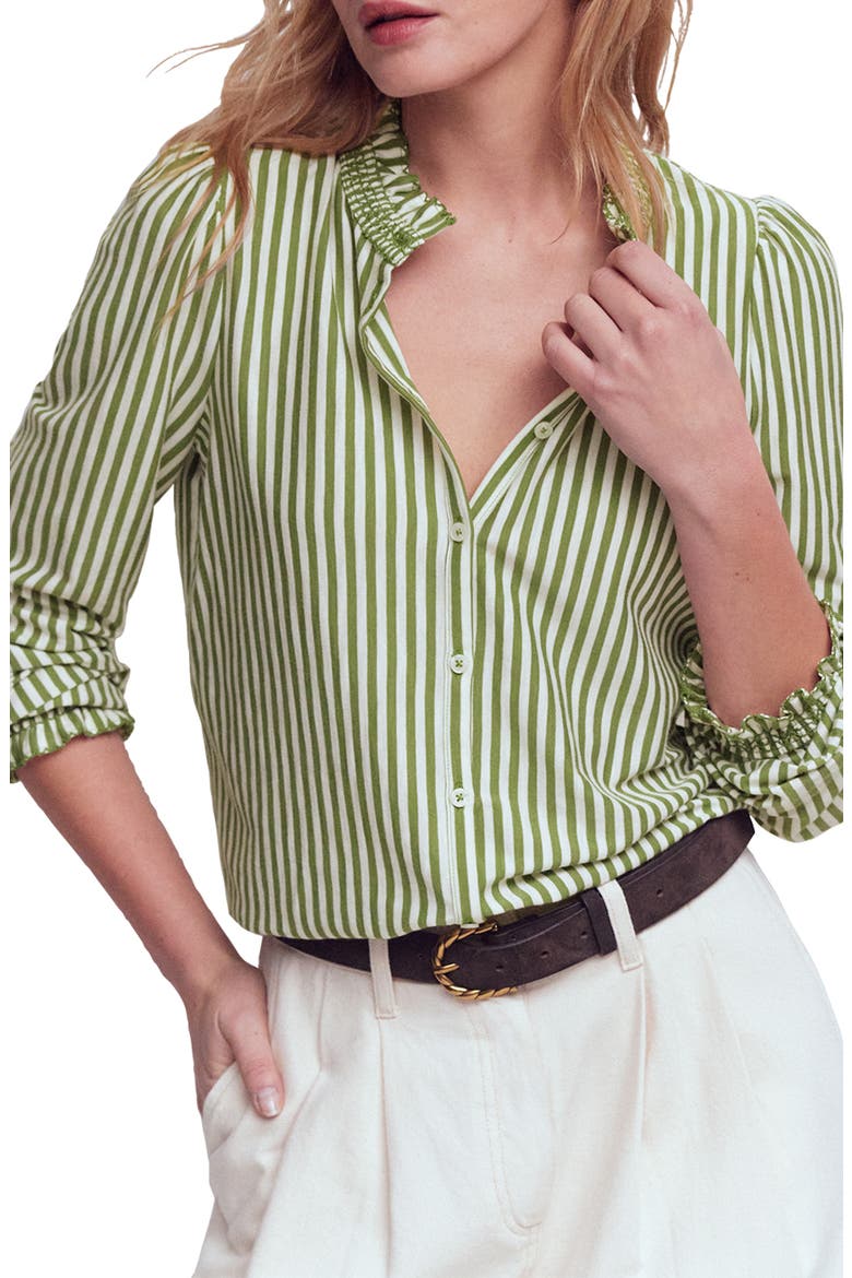 Effie Smocked Button-Up Shirt, Main, color, SAFARI GREEN AND IVORY STRIPE