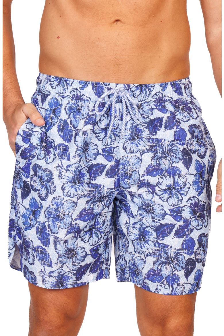 Distressed Hibiscus Swim Trunks, Alternate, color, BLUE