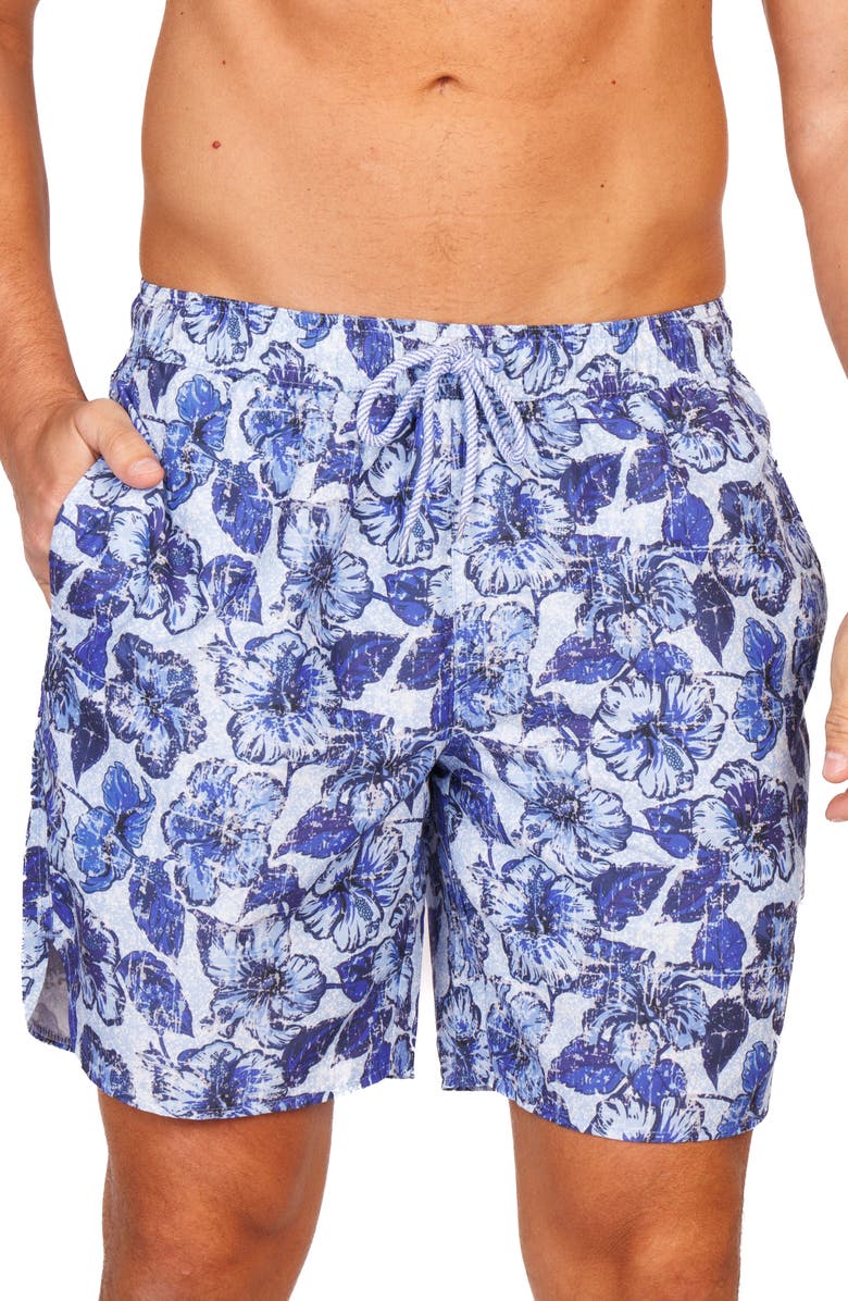 TailorByrd Distressed Hibiscus Swim Trunks, Alternate, color, Blue