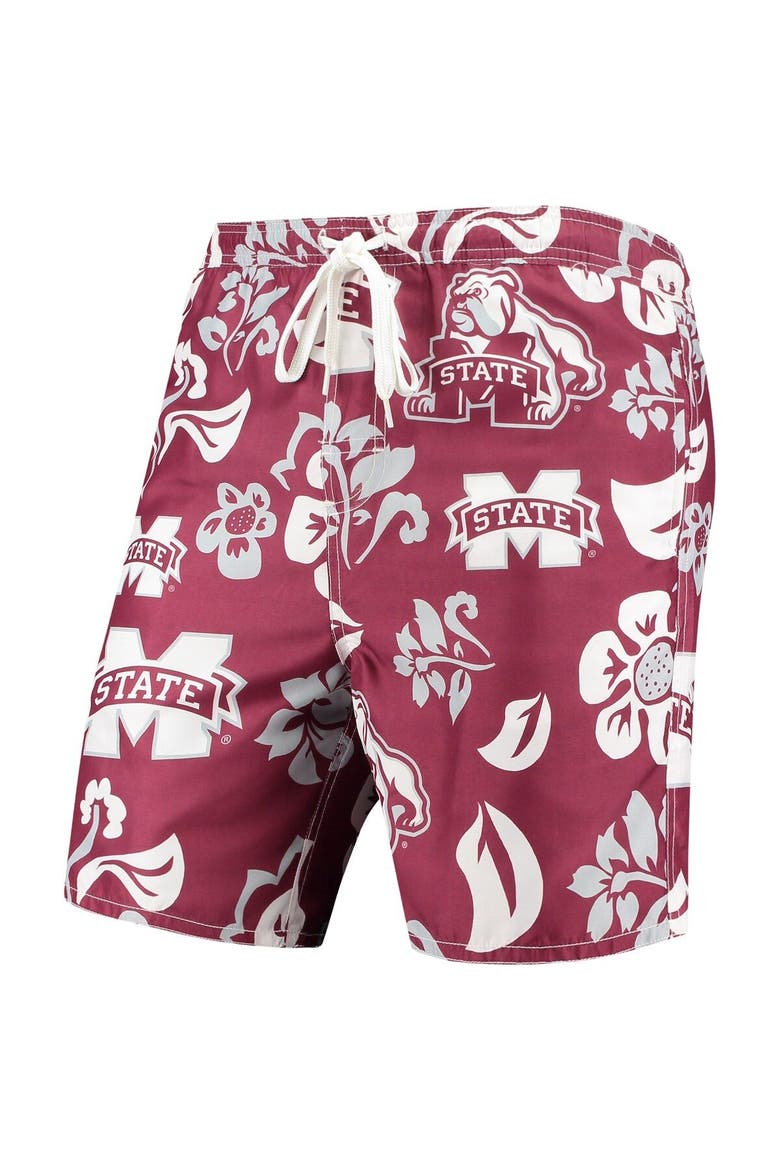 Men's Wes & Willy Maroon Mississippi State Bulldogs Floral Volley Logo Swim Trunks, Alternate, color, Maroon