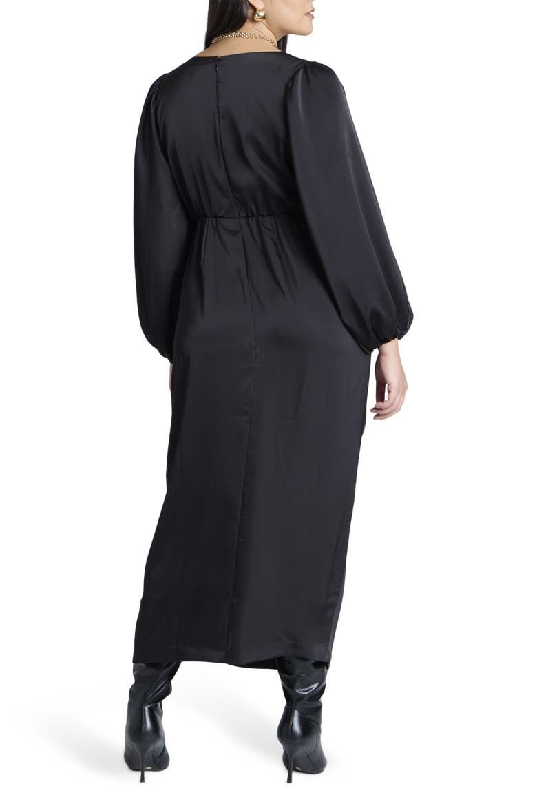 Satin Puff Sleeve Pleated Dress, Alternate, color, BLACK