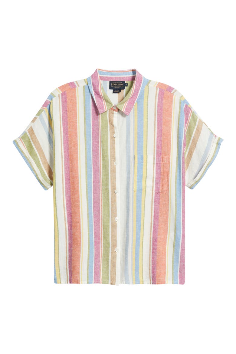 Stripe Linen Blend Short Sleeve Button-Up Shirt, Alternate, color, IVORY MULTI STRIPE