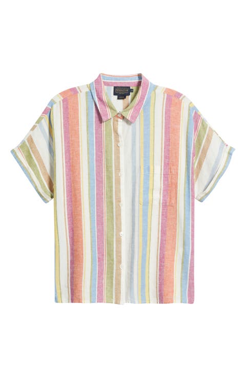 Stripe Linen Blend Short Sleeve Button-Up Shirt