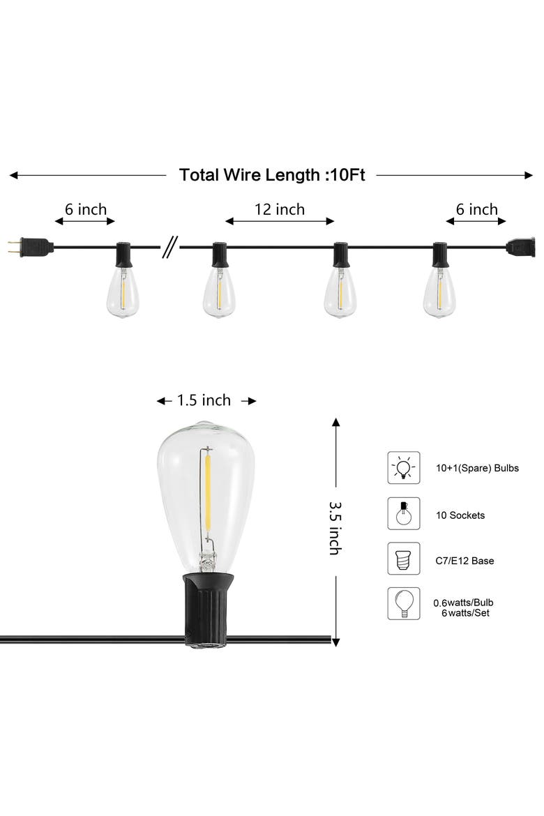 10-Light Indoor/Outdoor Rustic Industrial Incandescent C7 Half-Chrome Bulb String Lights, Alternate, color, Black