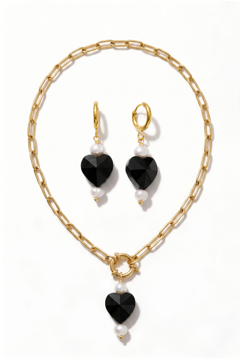 Heart Drop 18K Gold Plated Chain Necklace And Hoop Earring Set, Main, color, Metallic Gold
