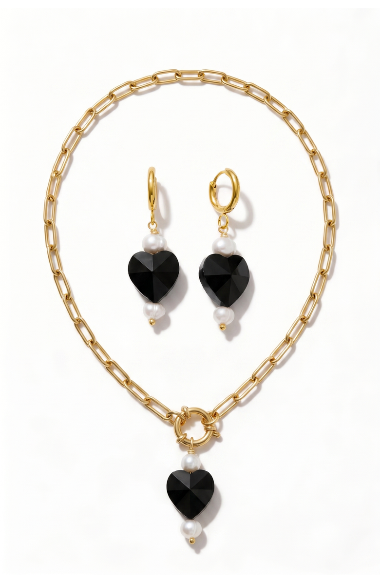 Joey Baby Heart Drop 18K Gold Plated Chain Necklace And Hoop Earring Set, Main, color, Metallic Gold