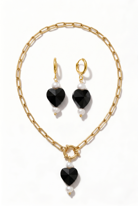 Heart Drop 18K Gold Plated Chain Necklace And Hoop Earring Set